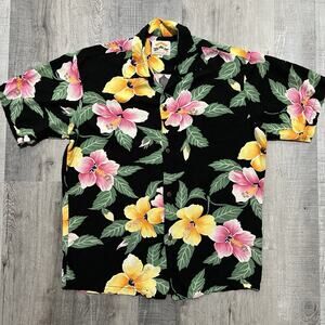VTG Pineapple Juice Hawaiian Classic Black Floral Rayon Loop Collar Shirt Small